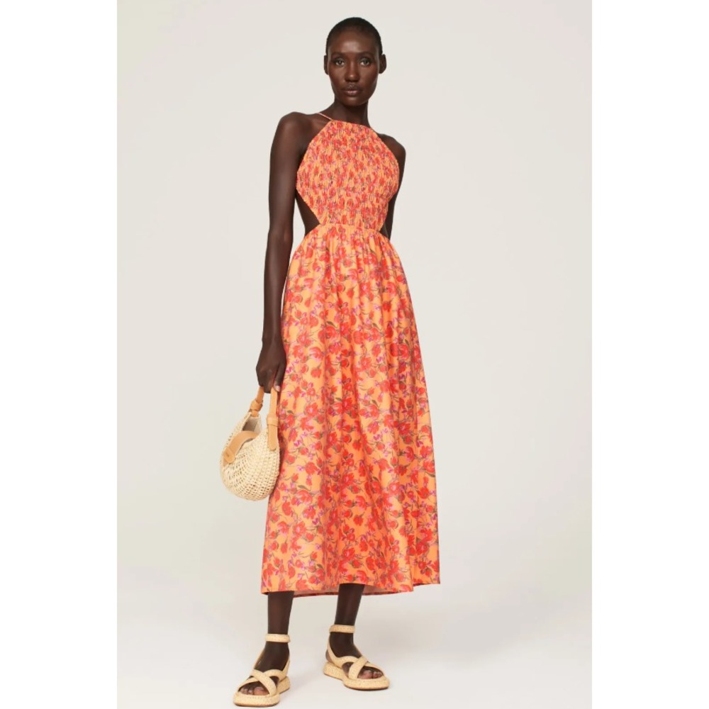 Louna Womens Floral Smocked Midi Dress Halter Neck Sleeveless Side Cutout Medium
